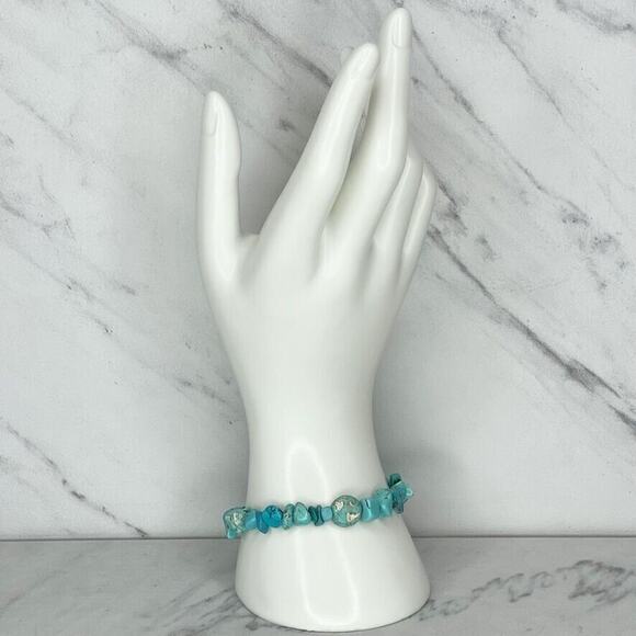 Faux Turquoise Cross Beaded Silver Tone Wire Wrap Bracelet - Picture 2 of 7